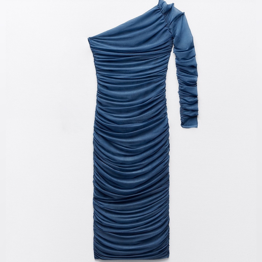Zara One Shoulder Ruched Periwinkle Dress NWT
